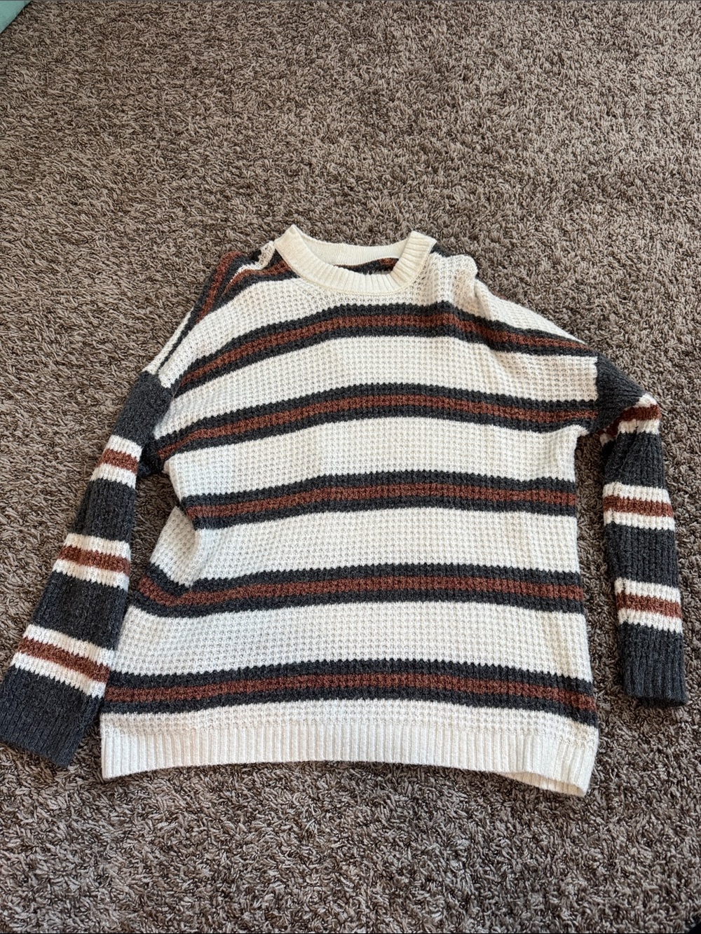 American Eagle Outfitters Cream, Brown & Charcoal Striped Crewneck Sweater